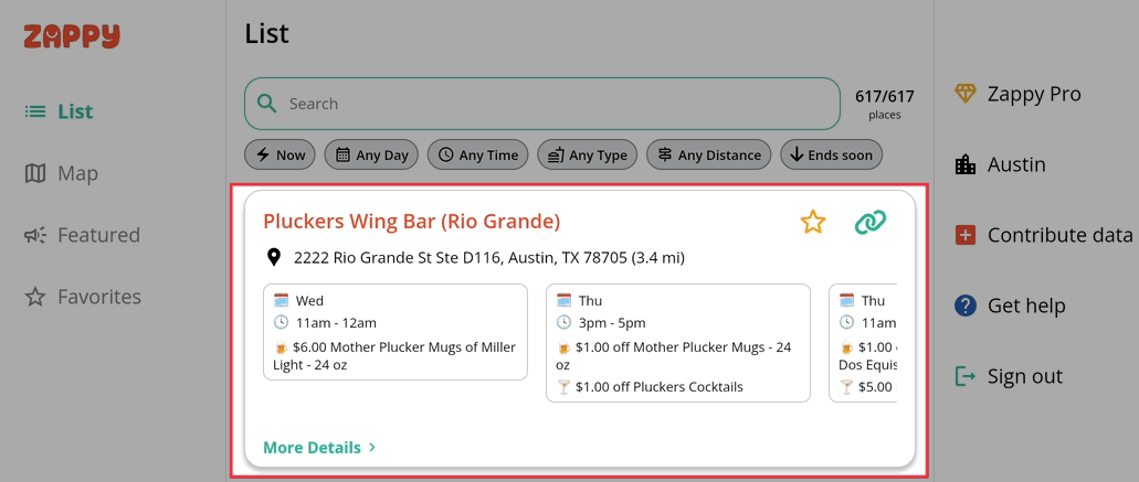 Gif that shows happy hour specials for Pluckers Wing Bar, scrolling left to right to show the order of the deals.